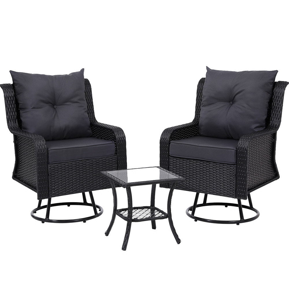 Gardeon 3PC Outdoor Furniture Bistro Set Lounge Wicker Swivel Chairs T