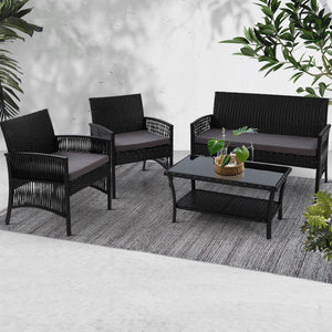 Gardeon 4 PCS Outdoor Furniture Lounge Setting Wicker Dining Set Black