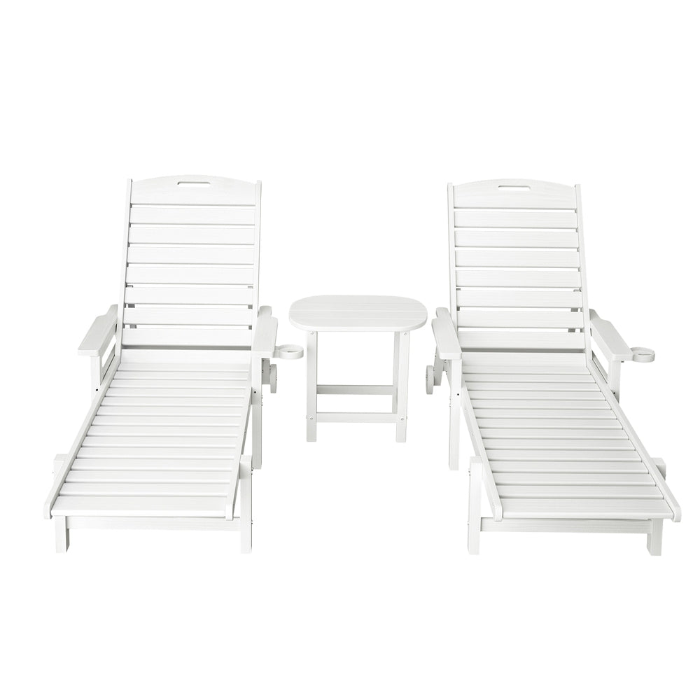 Gardeon Sun Lounge Lounger Table and Chairs Beach Chair HDPE Patio Outdoor Furniture Wheels White