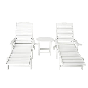 Gardeon Sun Lounge Lounger Table and Chairs Beach Chair HDPE Patio Outdoor Furniture Wheels White