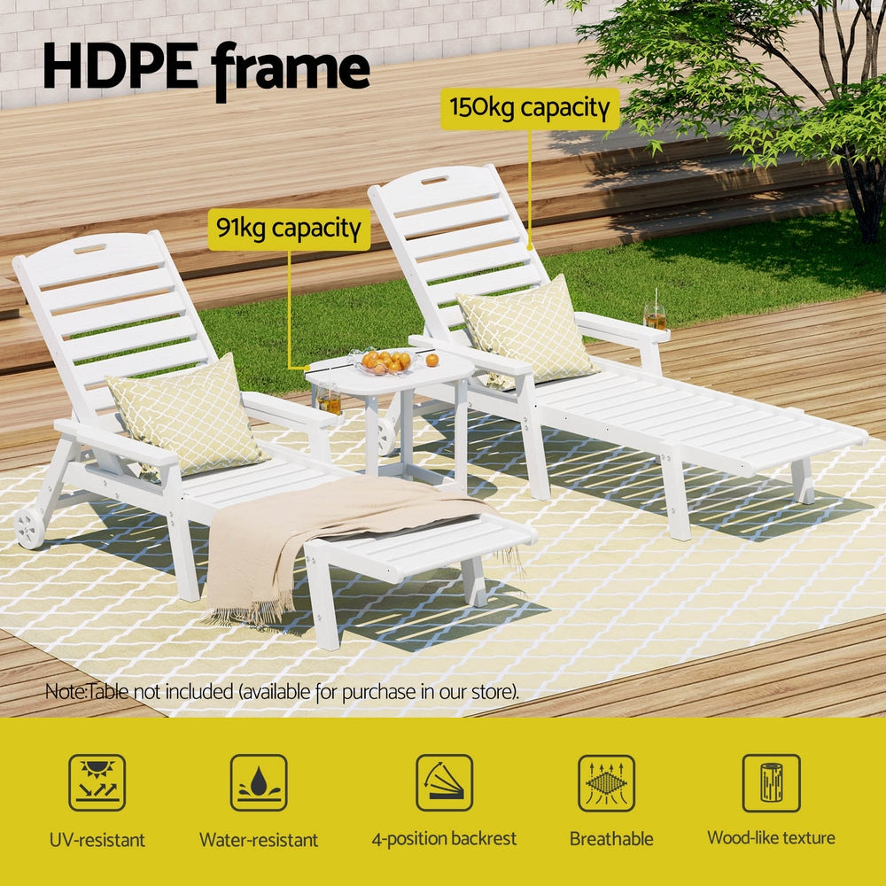 Gardeon Sun Lounge Lounger Table and Chairs Beach Chair HDPE Patio Outdoor Furniture Wheels White