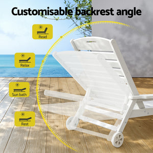 Gardeon Sun Lounge Lounger Table and Chairs Beach Chair HDPE Patio Outdoor Furniture Wheels White