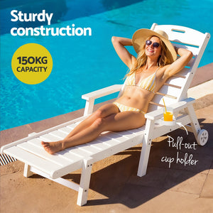 Gardeon Sun Lounge Lounger Table and Chairs Beach Chair HDPE Patio Outdoor Furniture Wheels White