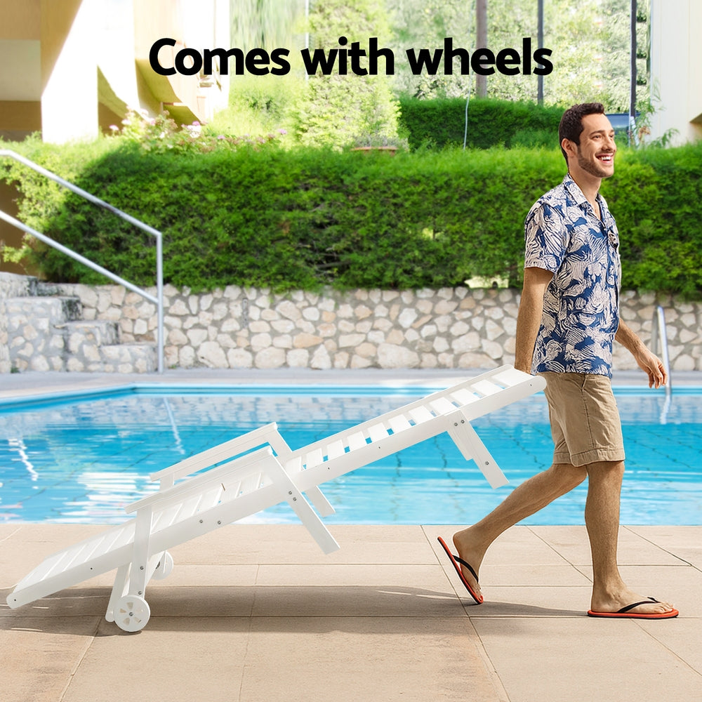 Gardeon Sun Lounge Lounger Table and Chairs Beach Chair HDPE Patio Outdoor Furniture Wheels White