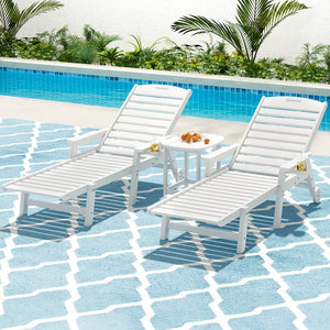 Gardeon Sun Lounge Lounger Table and Chairs Beach Chair HDPE Patio Outdoor Furniture Wheels White