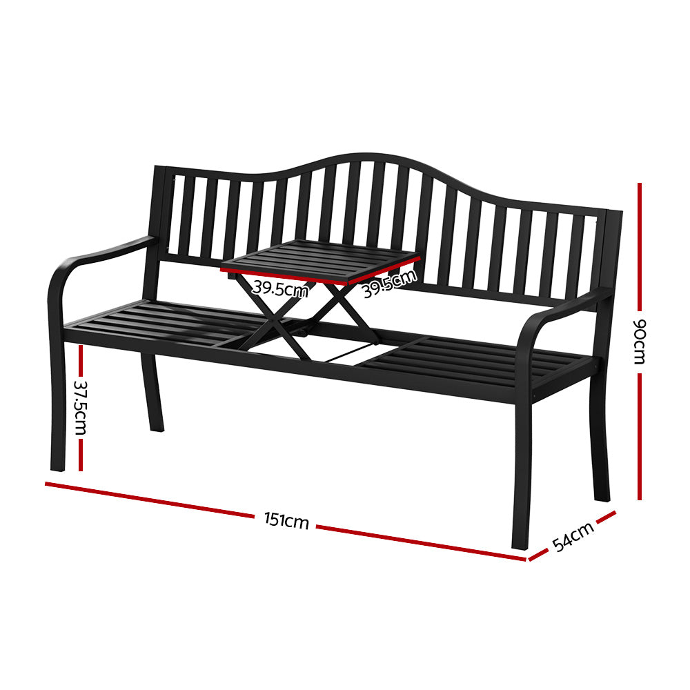 Gardeon Outdoor Garden Bench Seat Loveseat Steel Foldable Table Patio Furniture Black