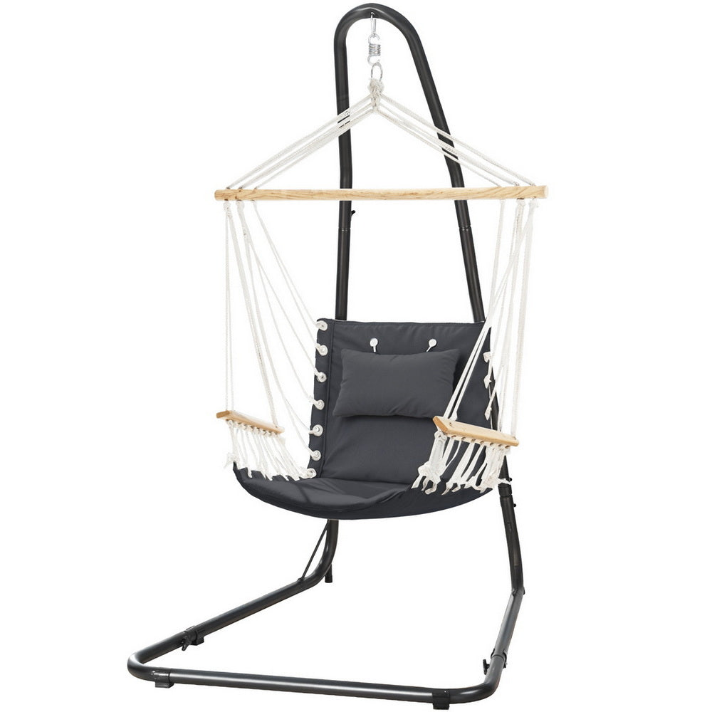 Gardeon Hammock Chair with Stand, Heavy Duty Steel Frame, Height Adjustable, Cotton Swing Chair with Solid Timber Armrest for Indoor Outdoor Garden Patio - Grey