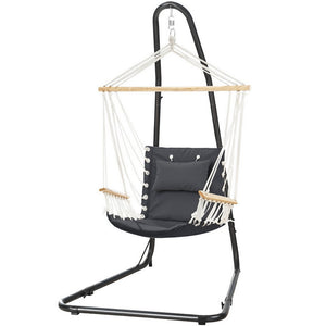 Gardeon Hammock Chair with Stand, Heavy Duty Steel Frame, Height Adjustable, Cotton Swing Chair with Solid Timber Armrest for Indoor Outdoor Garden Patio - Grey