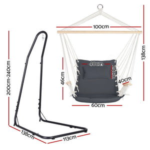 Gardeon Hammock Chair with Stand, Heavy Duty Steel Frame, Height Adjustable, Cotton Swing Chair with Solid Timber Armrest for Indoor Outdoor Garden Patio - Grey