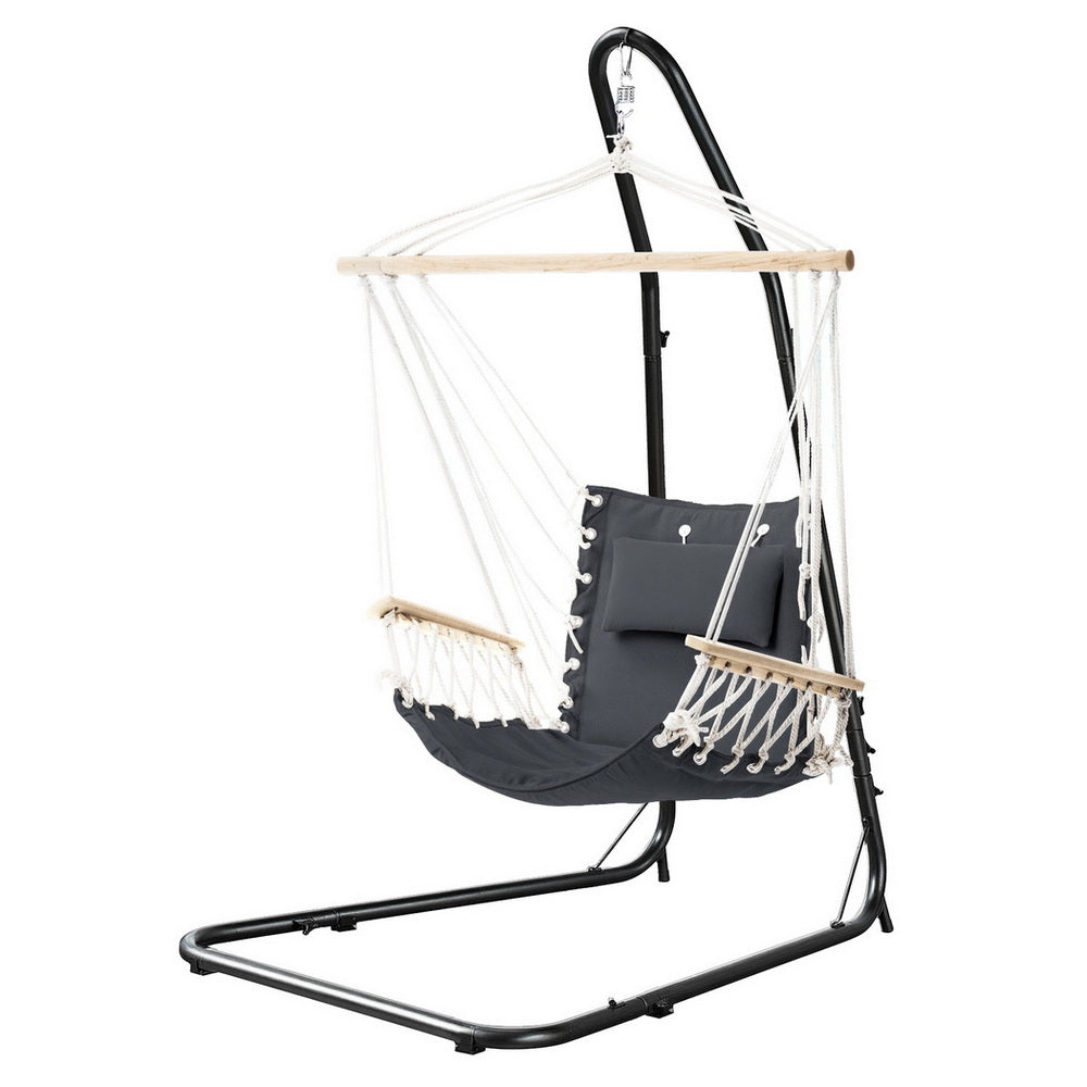 Gardeon Hammock Chair with Stand, Heavy Duty Steel Frame, Height Adjustable, Cotton Swing Chair with Solid Timber Armrest for Indoor Outdoor Garden Patio - Grey