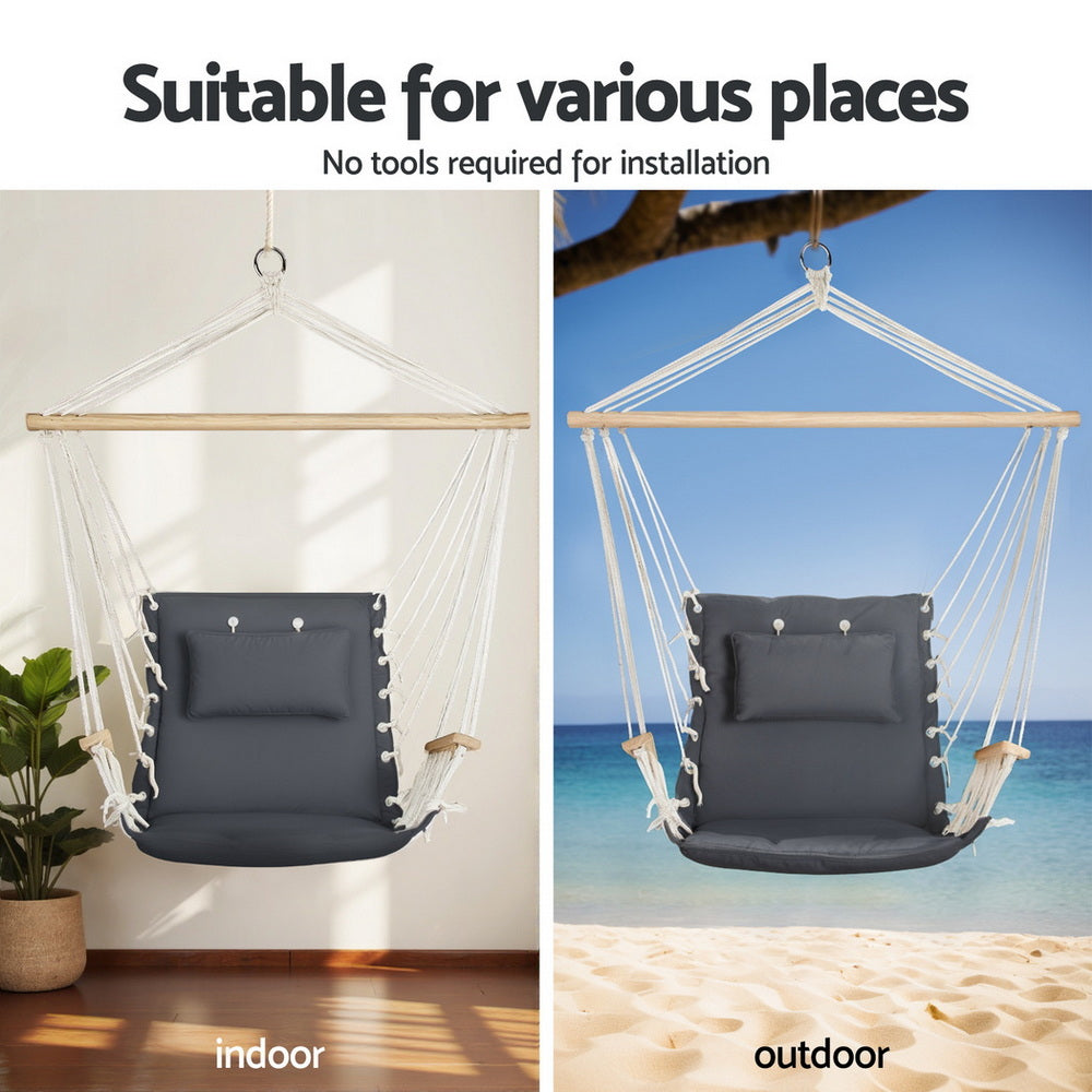 Gardeon Hammock Chair with Stand, Heavy Duty Steel Frame, Height Adjustable, Cotton Swing Chair with Solid Timber Armrest for Indoor Outdoor Garden Patio - Grey