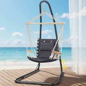 Gardeon Hammock Chair with Stand, Heavy Duty Steel Frame, Height Adjustable, Cotton Swing Chair with Solid Timber Armrest for Indoor Outdoor Garden Patio - Grey