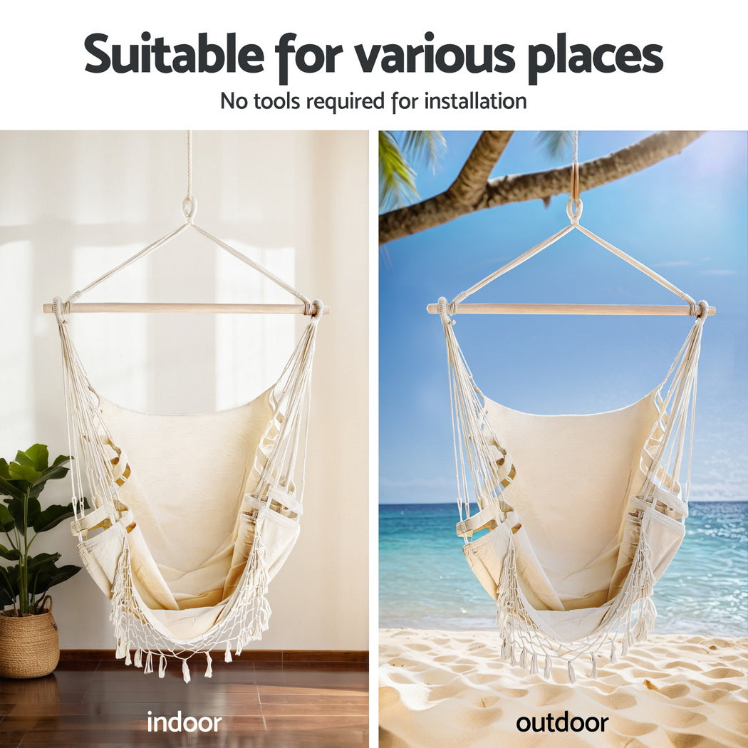 Gardeon Hammock Chair with Stand Outdoor Hanging Swing Chair - Cream