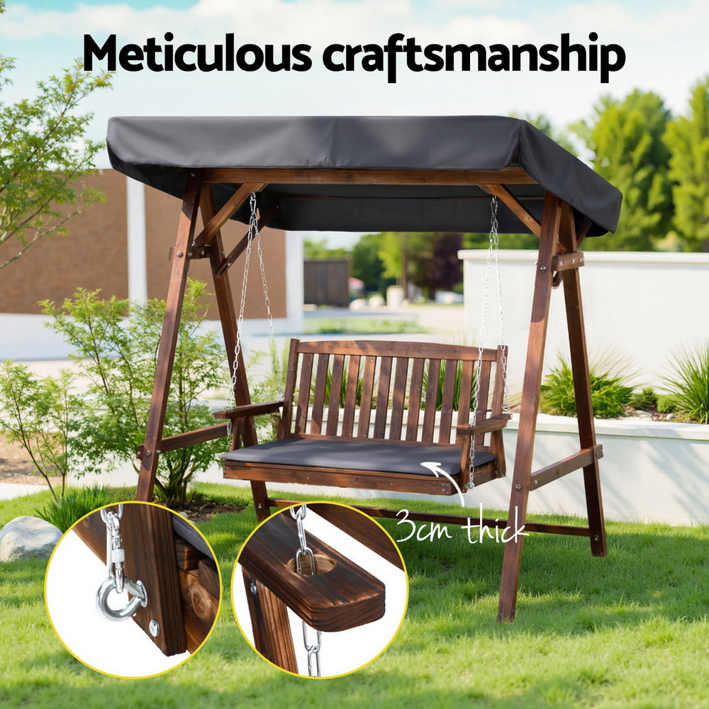 Gardeon Outdoor Wooden Swing Chair Garden Bench Canopy Cushion 2 Seater Charcoal