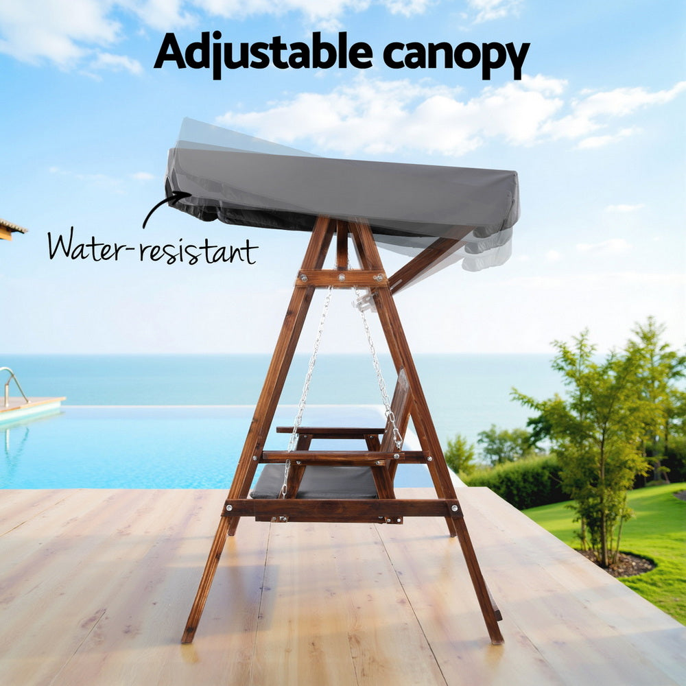 Gardeon Outdoor Wooden Swing Chair Garden Bench Canopy Cushion 2 Seater Charcoal
