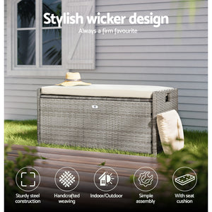 Gardeon Outdoor Storage Bench Box Wicker Garden Sheds Tools Cushion Patio Furniture Grey
