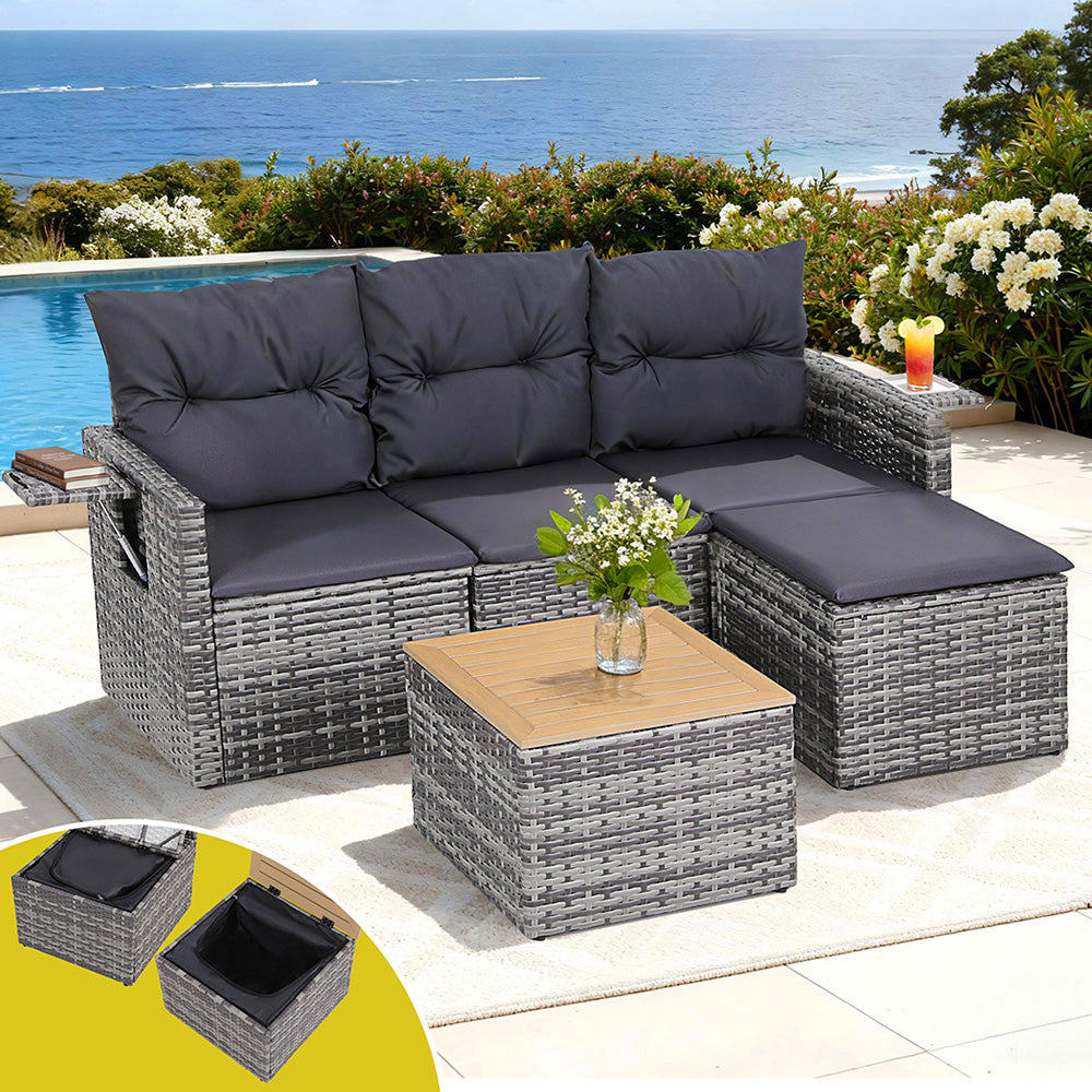 Gardeon 5 Pieces Outdoor Sofa Set 4-Seater Grey Rattan Patio Furniture Table and Chair Setting