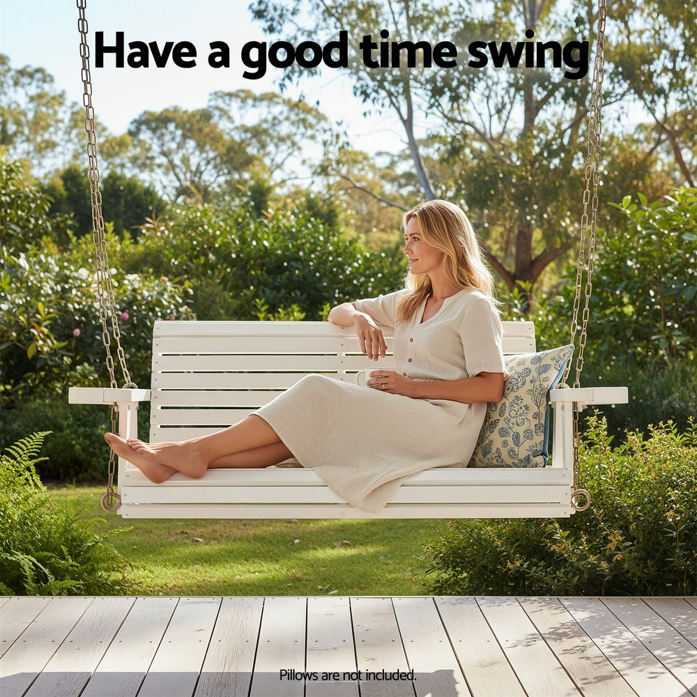 Gardeon Porch Outdoor Swing Chair With Cup Holder Wooden Furniture 2 Seater White