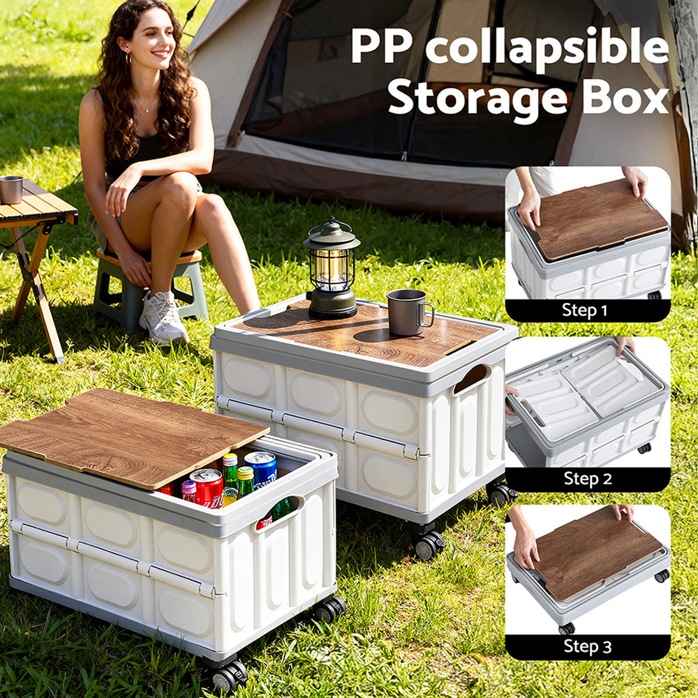 Gardeon Collapsible Outdoor Storage Box 54L Stackable Folding Camping Organizer Wheels Plywood Lid Beige