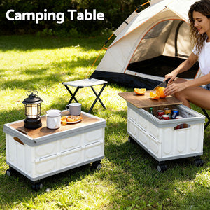 Gardeon Collapsible Outdoor Storage Box 54L Stackable Folding Camping Organizer Wheels Plywood Lid Beige