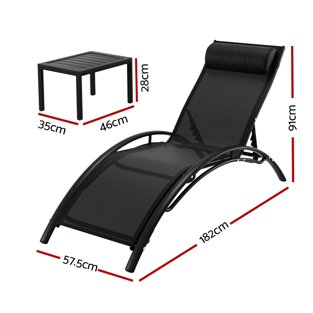 Gardeon 3PC Sun Lounge Outdoor Lounger Steel Table Chairs Patio Furniture Garden