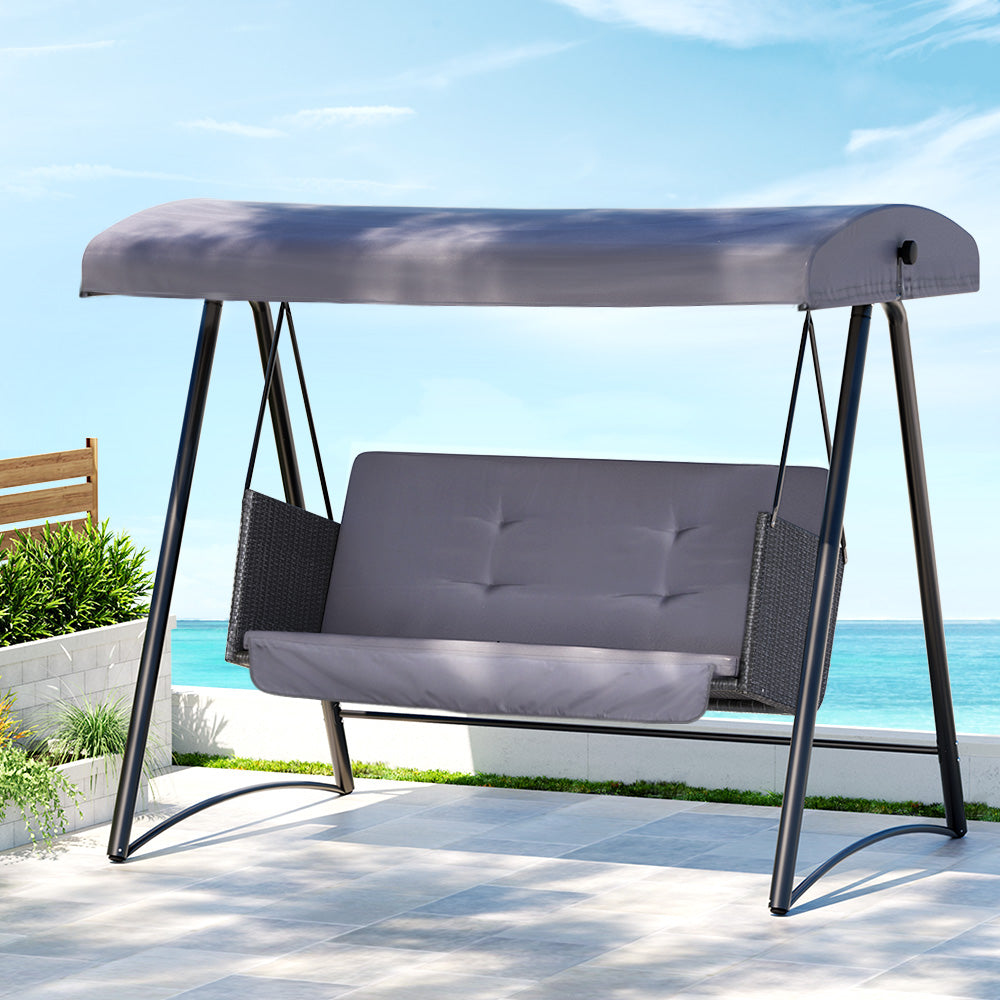 Gardeon Rattan Swing Chair with Canopy Outdoor Garden Bench 3 Seater Grey