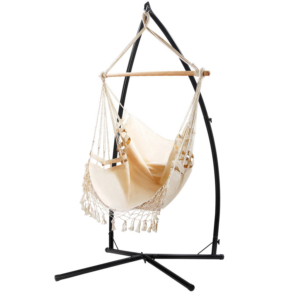 Gardeon Outdoor Hammock Chair with Steel Stand Tassel Hanging Rope Hammock Cream