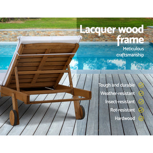 Gardeon 2pc Sun Lounge Wooden Lounger Outdoor Furniture Day Bed Wheel Patio White
