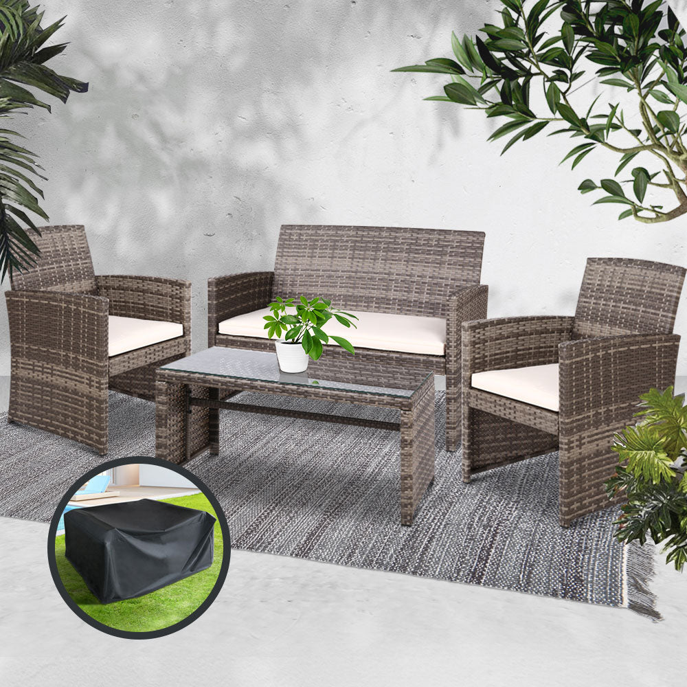 Gardeon Rattan Furniture Outdoor Lounge Setting Wicker Dining Set w/Storage Cover Mixed Grey