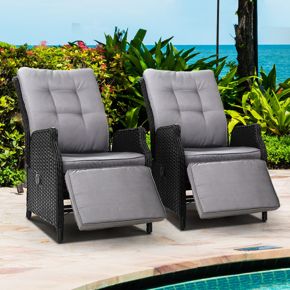 Gardeon Set of 2 Recliner Chairs Sun lounge Outdoor Furniture Setting Patio Wicker Sofa Black