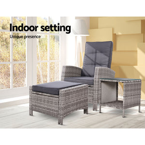 Gardeon Outdoor Setting Recliner Chair Table Set Wicker lounge Patio Furniture Grey